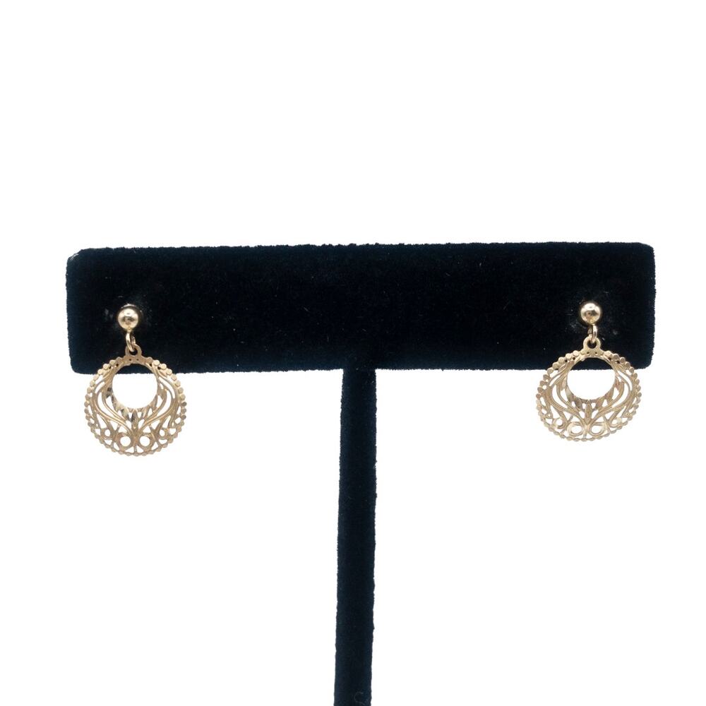 14k Solid Gold Filigree Dangle Earrings - image 1